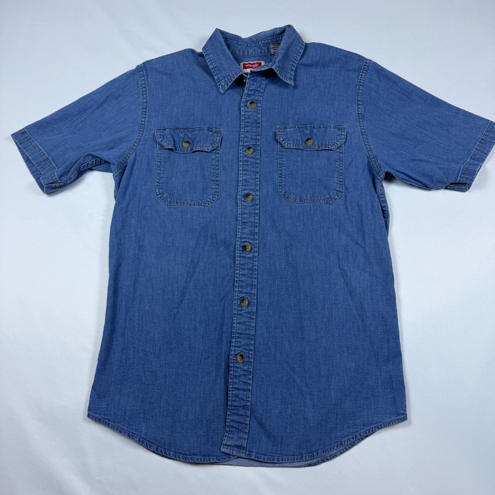 Wrangler Denim Button Down Shirt Mens Small Blue Short Sleeve Cotton Stretch